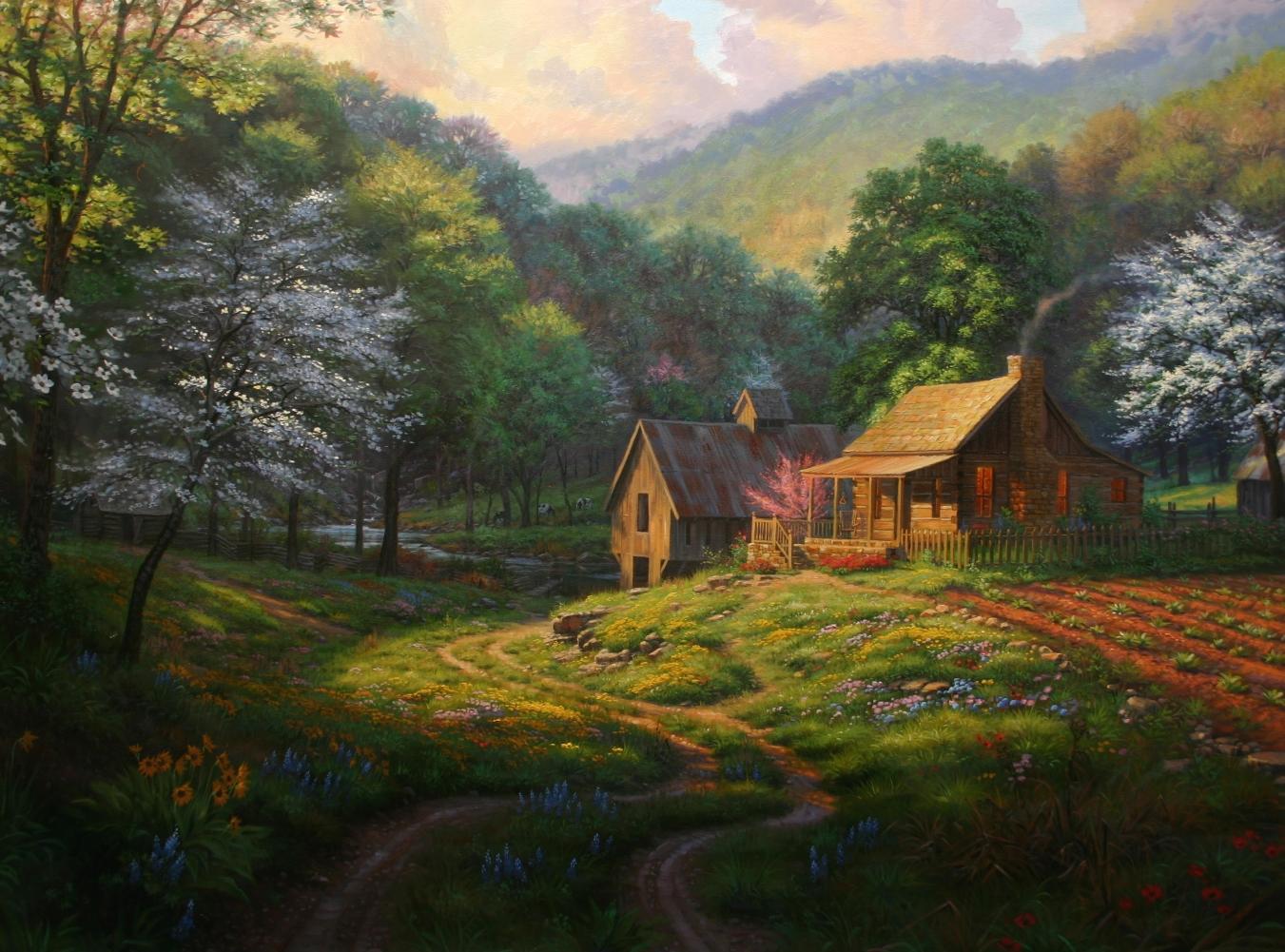 Картины природа домики. Художник Mark Keathley. Марк Китли картины. Китли пейзажи. Mark Keathley горы.