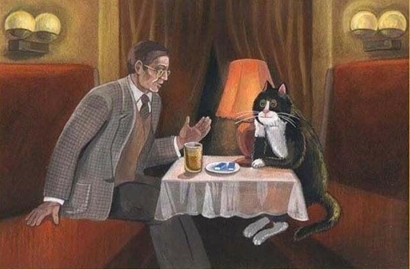 Пойдем разговор есть. Разговор человека и кота живопись. Разговор кота с хозяином. Разговор с котом иллюстрации. Беседа с котом.