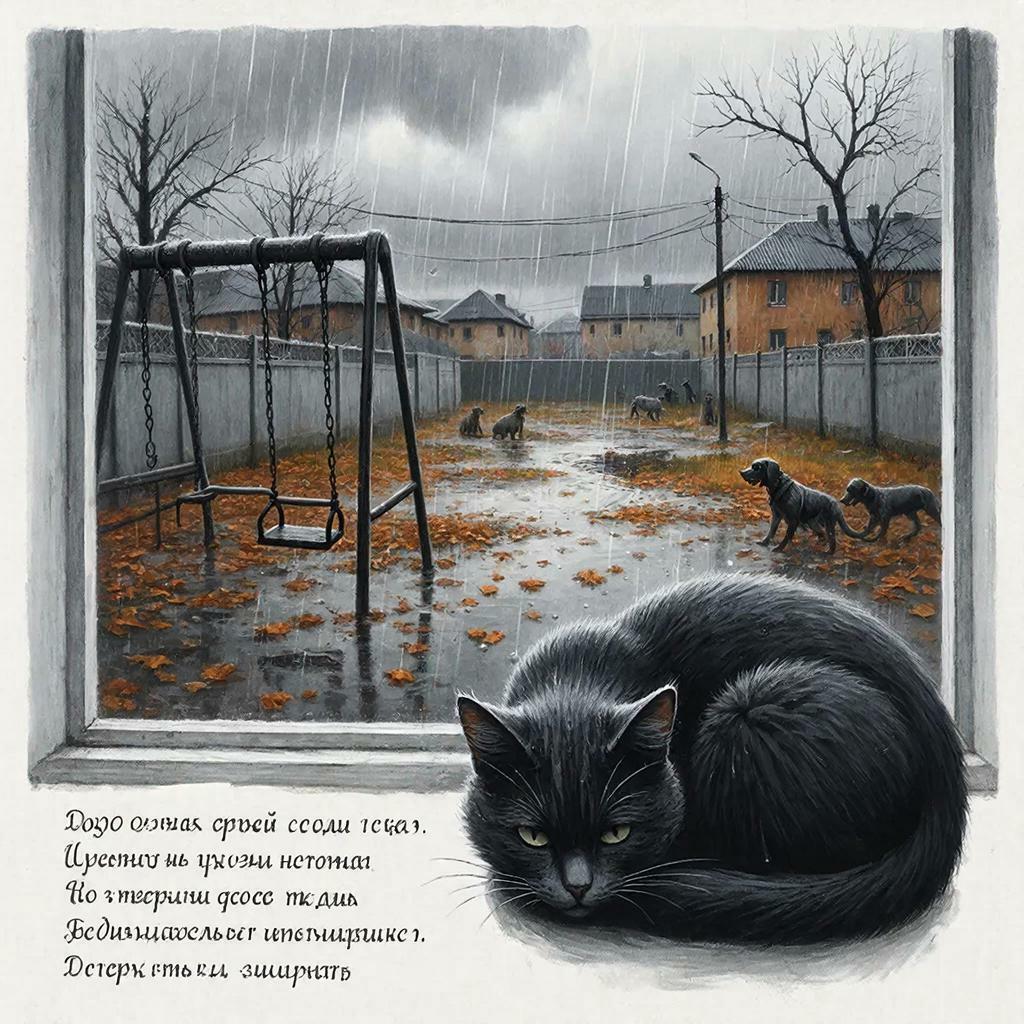 черный кот и дождь