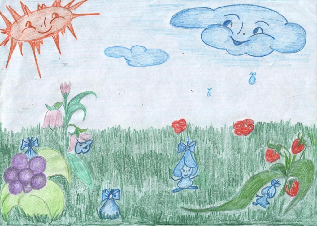 Дождик блок. Детский рисунок. Рисунок Луга. Рисунок лето. Детские рисунки на тему лето.