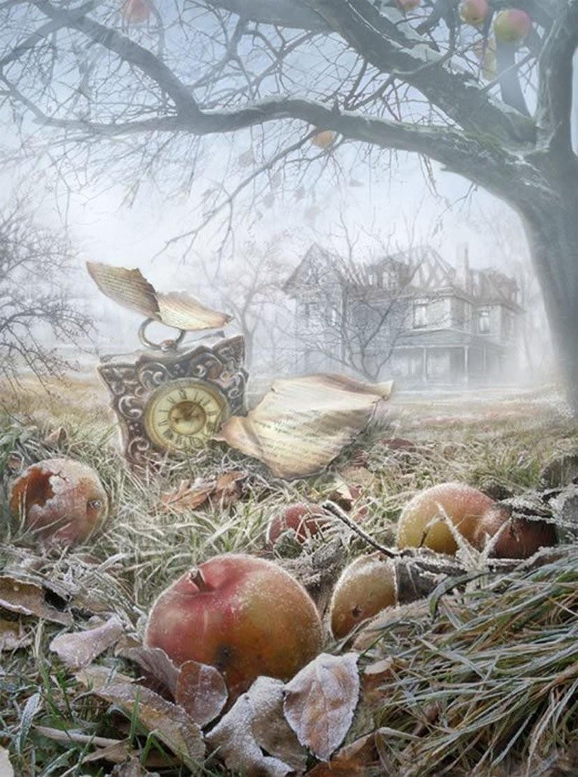 Стихотворение ночь упаданья яблок. Яблочный сад живопись. Картина яблоки. Яблоневый сад живопись. Яблоки на снегу картины художников.