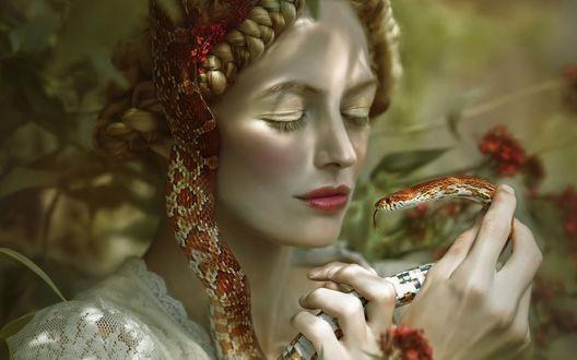 На коленях свилась змейка