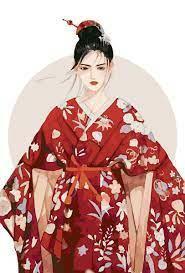 В кимоно красивом красно-алом