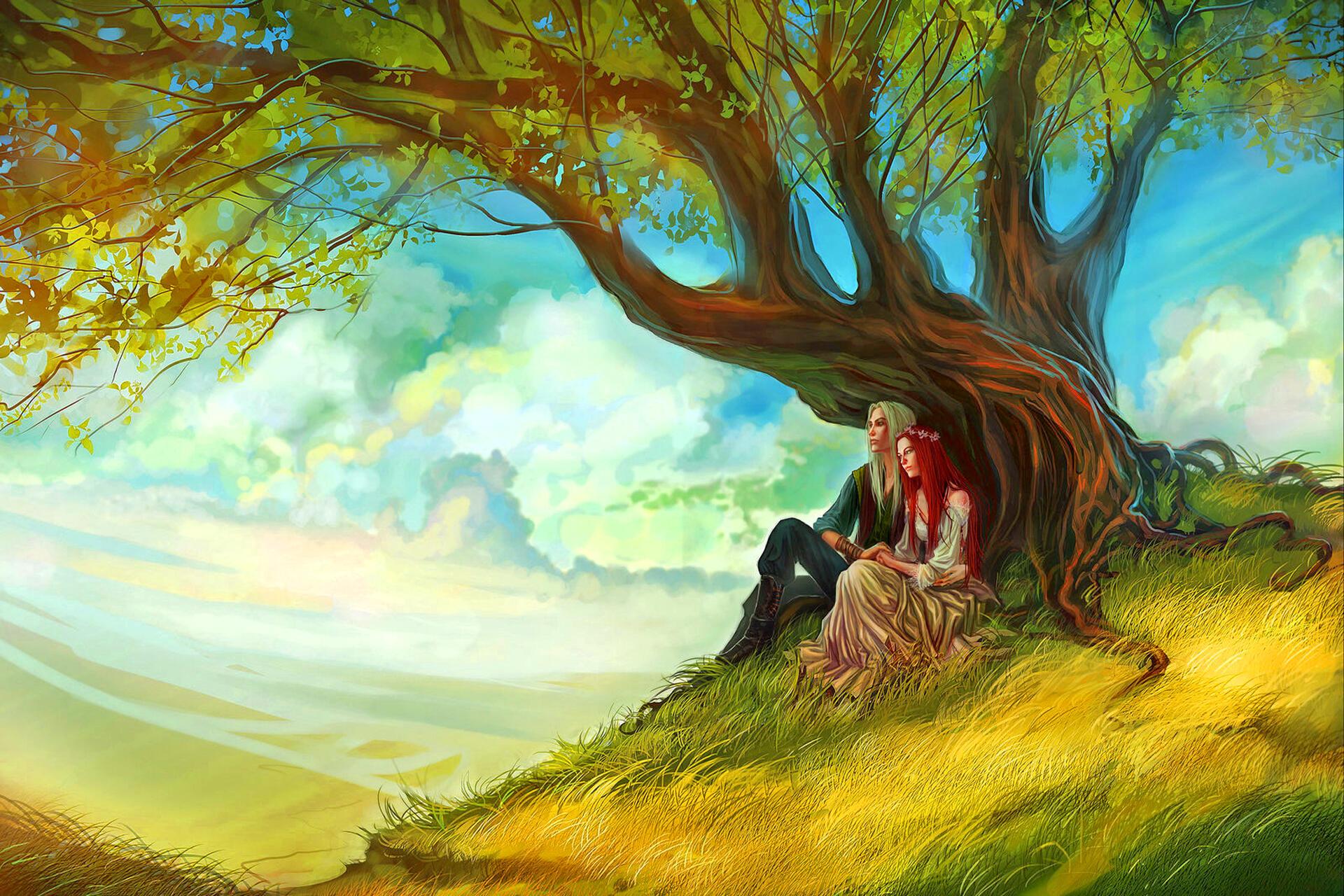 Навстречу судьбе. Сказочный дуб. Влюбленные под деревом. Дерево фэнтези. Фэнтези любовь.