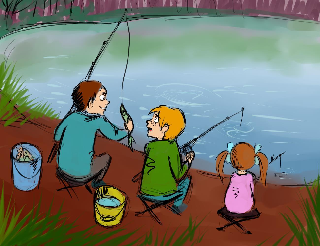 Like go fishing. Рыбалка рисунок. Дети на рыбалке иллюстрация. Дети ловят рыбу. Детская картина на рыбалке.