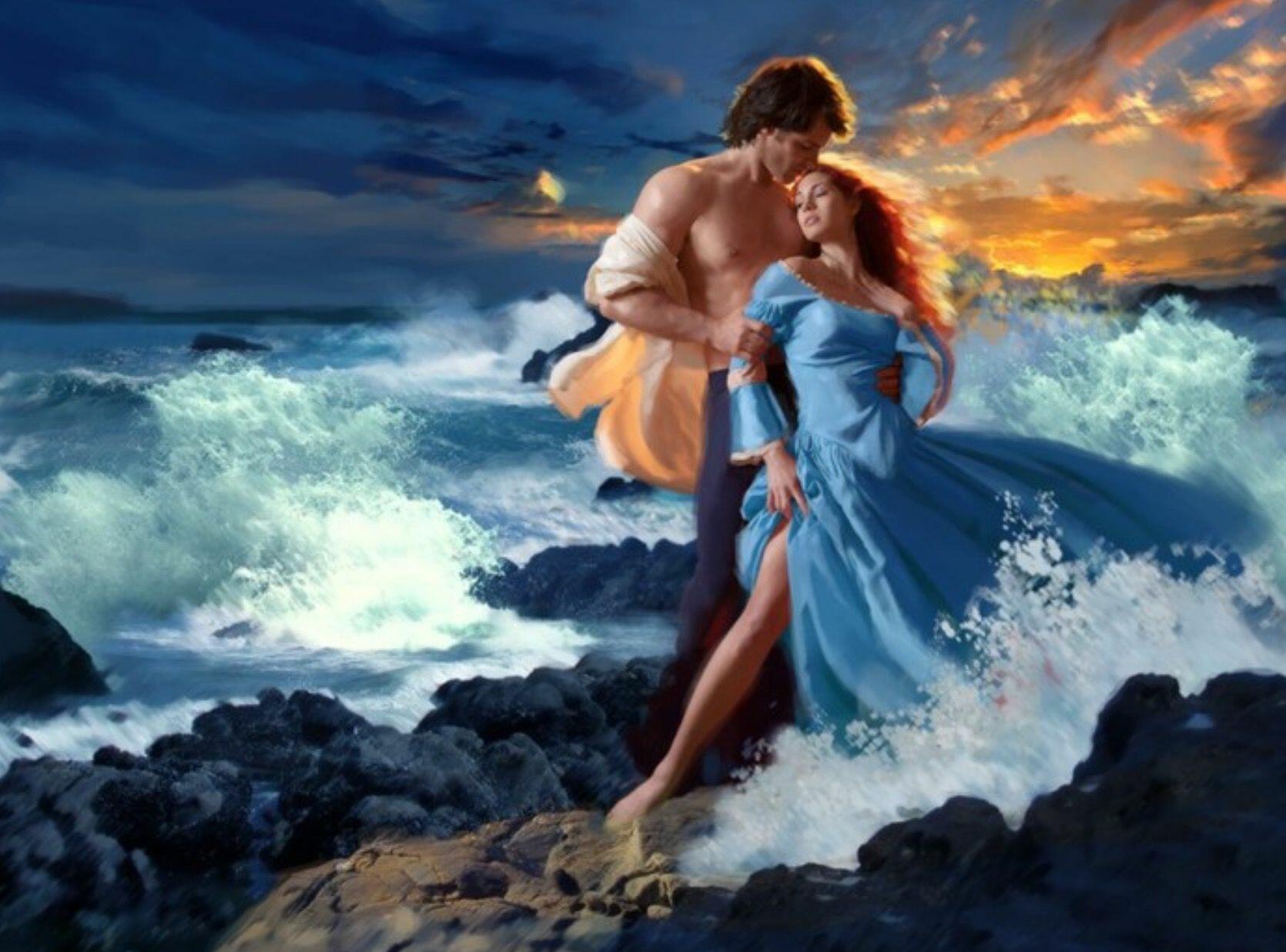 Romance genre. Красивые романтические картины. Влюбленные на море живопись. Картина двое влюбленных. Женщина фэнтези на берегу моря.