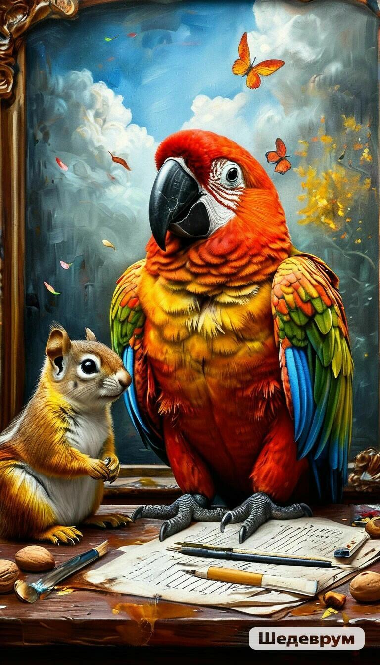 Попугай-художник и Белочка-мечтательница