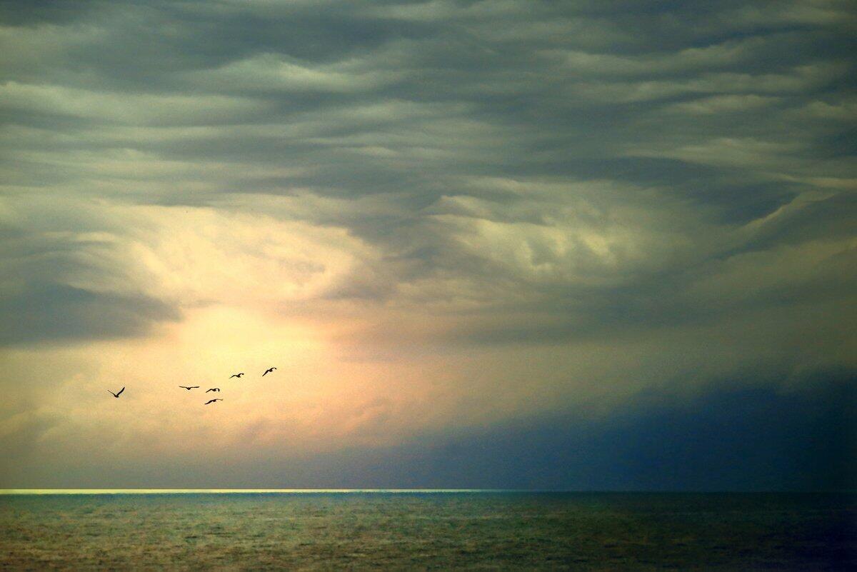 облака на горизонте моря. грозовой фронт фото. тучи все ниже опускаются над морем. лучи солнца сквозь облака. небо тучи.