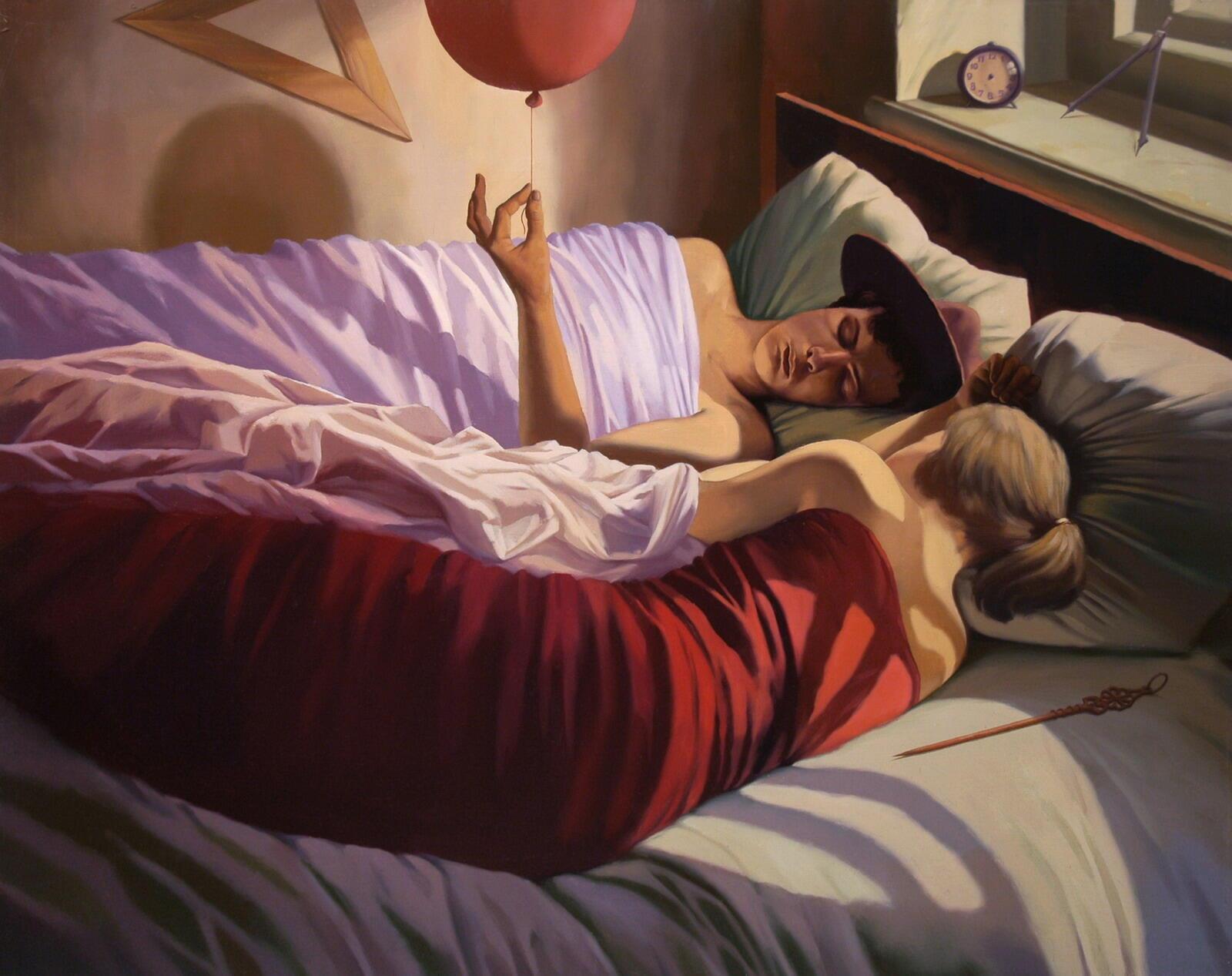 Девушка в постели с мужчинами картина