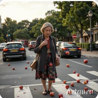 Красные яблоки на пешеходном переходе