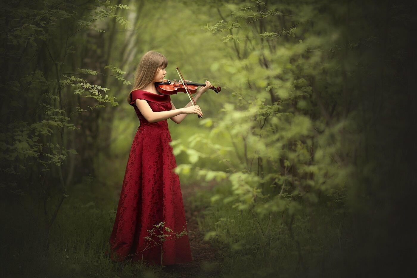 Девушка со скрипкой в лесу