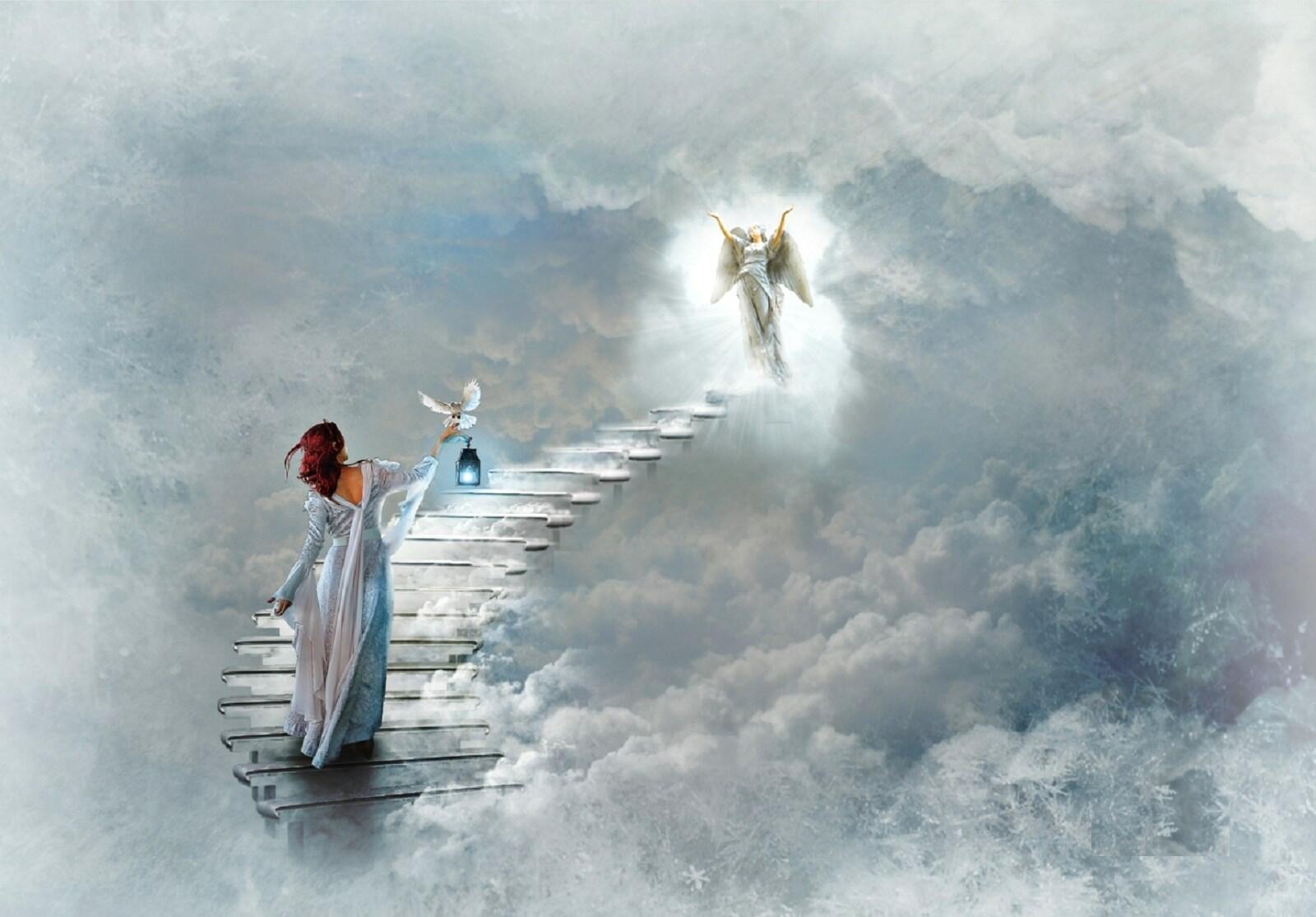 Душа. Лестница уходящая в небо. Рай на небесах. Рай и ангелы. Лестница к Богу.