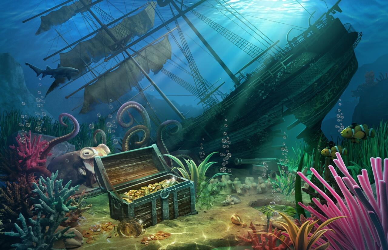 Приключенческая тематика. Затонувшие сокровища Карибского моря. Карибское море затонувшие корабли. Подводные пейзажи. Подводный мир с затонувшим кораблем.