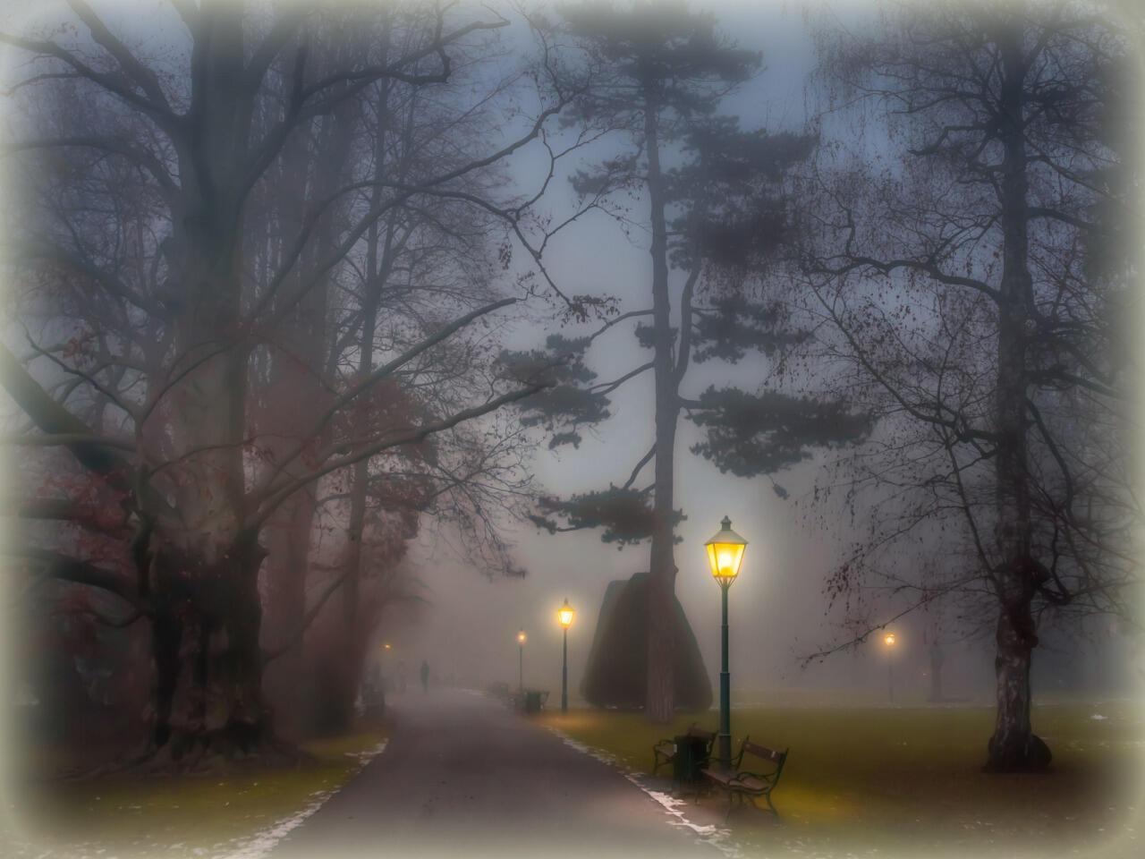 По улицам - лохматый, клочьями, туман