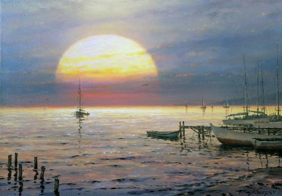 Восход луны над морем картина