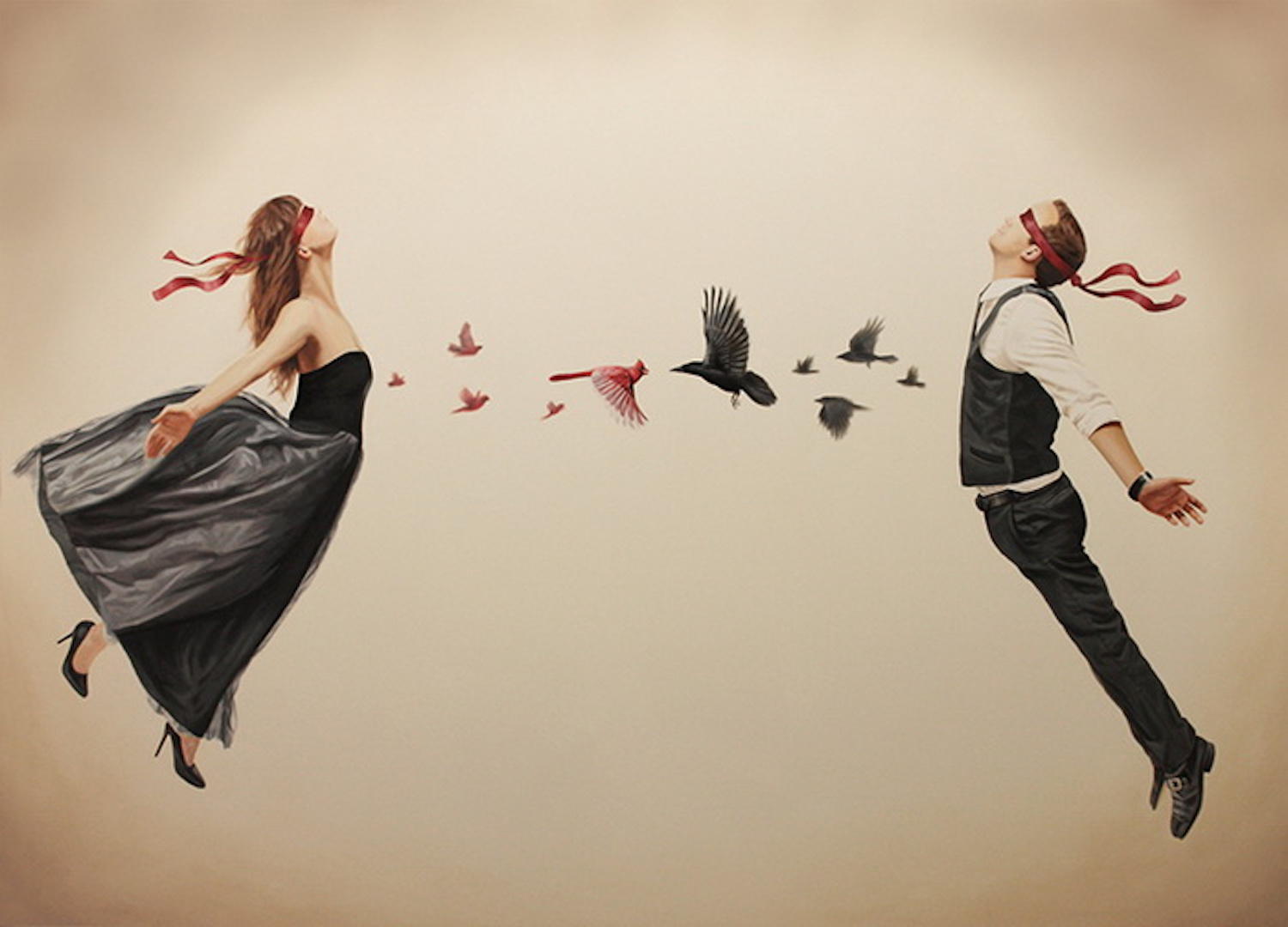 В голове иллюстрации как мы полетим. Летающая женщина. Человек летит. Сюрреализм чувства. Сюрреализм мужчина и женщина.