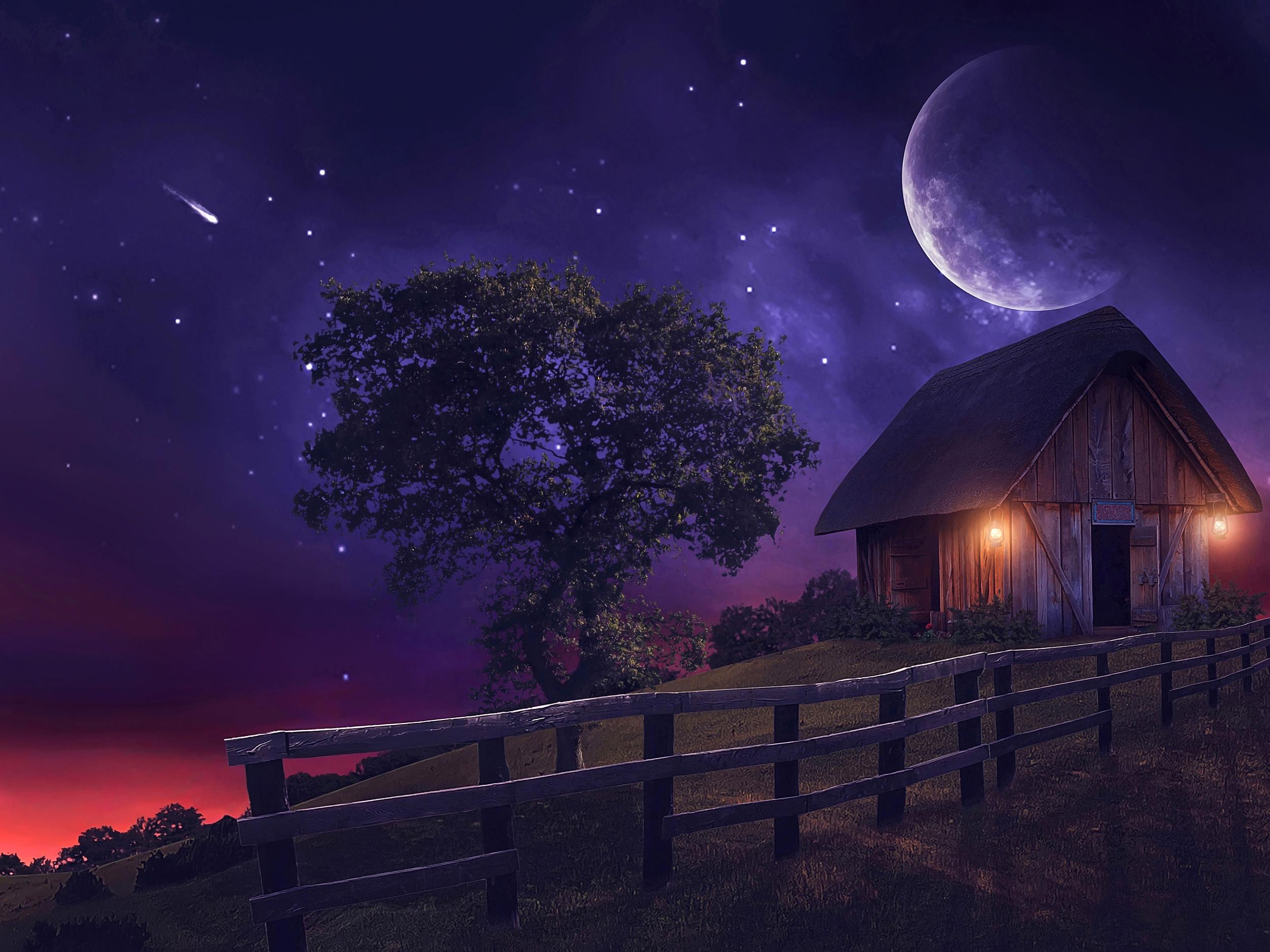 Луна над крышей дома. Красивая ночь. Ночной пейзаж с домом. Красивые ночные пейзажи. Лунная ночь.
