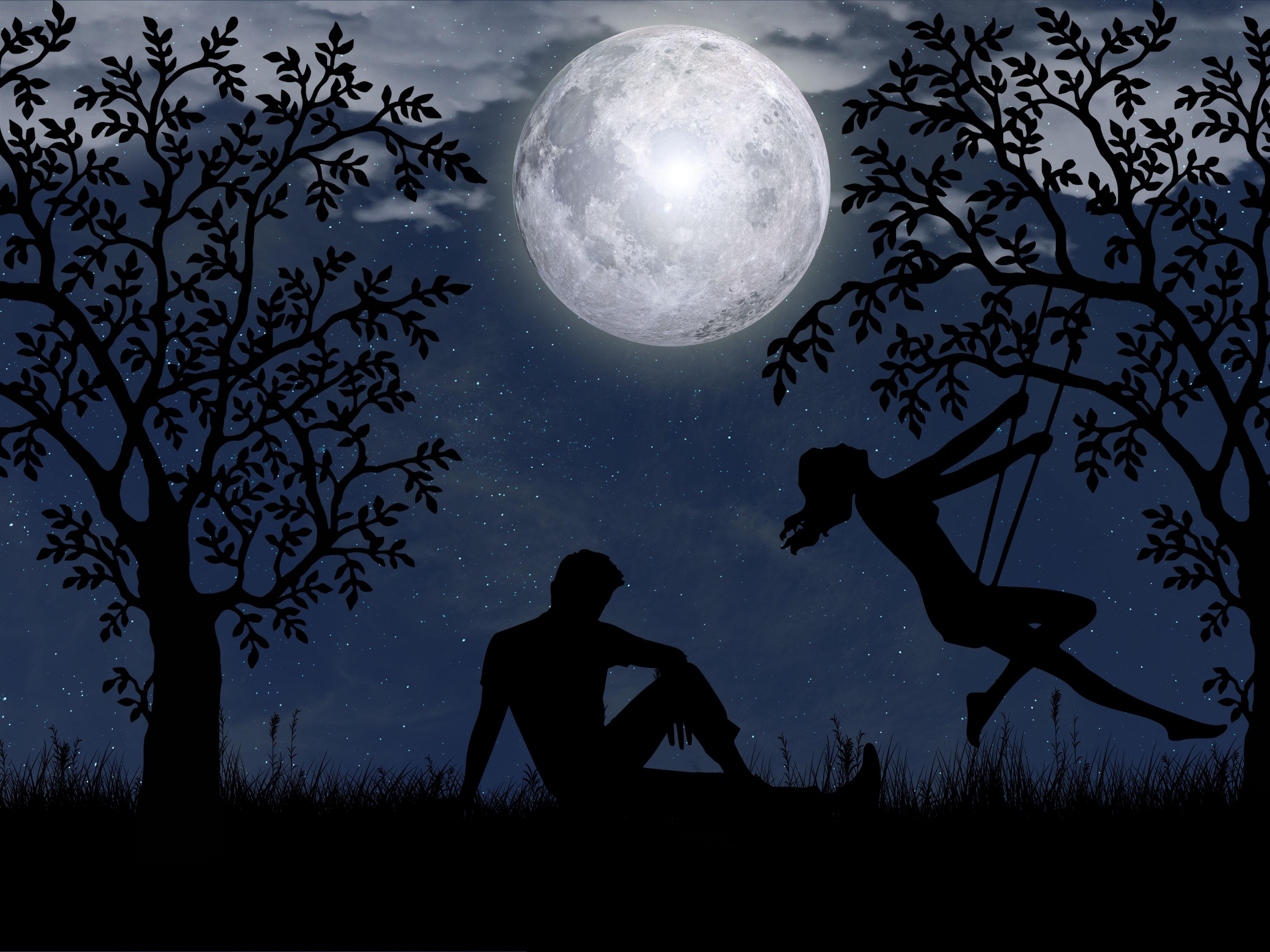 Говорили под луной. Прогулка под луной. Ночь рисунок. Полнолуние арт. Пара на фоне Луны.