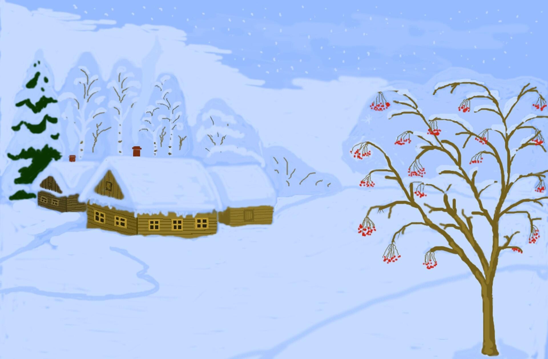 Зимний пейзаж для детей по деревне